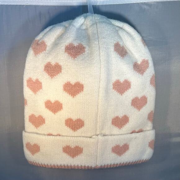 New! Women’s White Mauve Heart Knit Beanie (K0086) - Picture 2 of 8